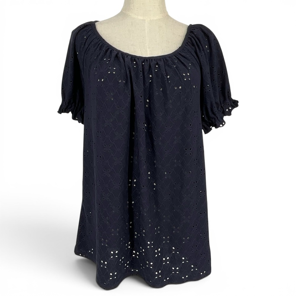 Misia Womens Navy‎ Blue Eyelet Puff Sleeve Blouse NWT L Beach Casual